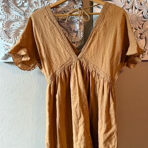 Urban Outfitters Tan Ruffled Flutter Sleeve Dress Small